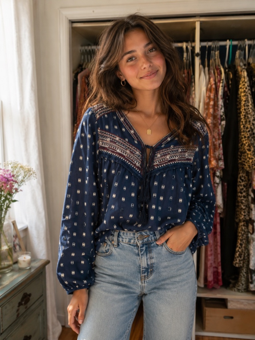 Knox Rose Navy Printed Embroidered Open Top
